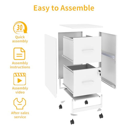 2 Drawer Mobile File Cabinet with Lock, Rolling Metal Filing Cabinet on Wheels, Lockable Under Desk Steel Vertical File Cabinets for Home Office, Letter/Legal/A4/F4, Assembly Required White