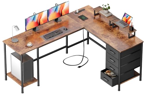 Korfile 66 inch L Shaped Computer Desk with Power Outlets, Rustic Brown | Ideal for Home Office, Bedroom, Corner, 4 Adjustable Storage Drawers, 2 Monitor Stands, Reversible, Two Person Gaming Table - color: Rustic Brown, size: 66 Inch