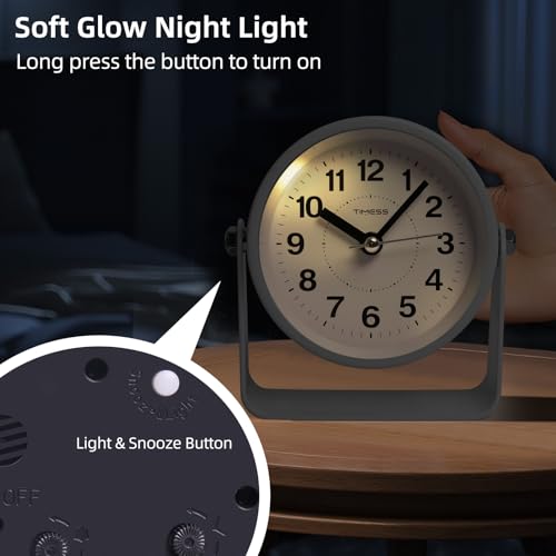 TIMESS Analog Alarm Clock with Snooze & Light, Silent Non-Ticking, White | On-demand light, quartz movement, battery operated, easy to set, gentle wake alarm, bedside clock for home, travel, or office - color: White