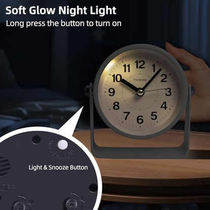 TIMESS Analog Alarm Clock with Snooze & Light, Silent Non-Ticking, White | On-demand light, quartz movement, battery operated, easy to set, gentle wake alarm, bedside clock for home, travel, or office - color: White