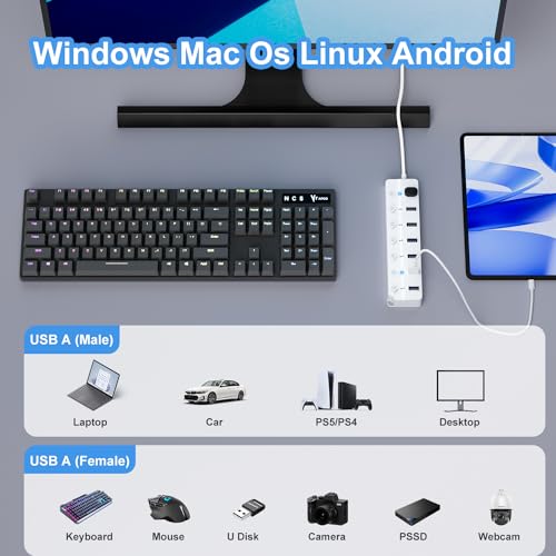 USB Hub 7 Port, USB Splitter with Individual On/Off Switches and Lights - color: White