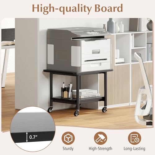 GOFLAME Under Desk Printer Stand, 2-Tier Mobile Printer Table with Storage Shelf, Metal Frame, Rolling Printer Cart Holder Storage Rack with Lockable Wheels for Home Office, Black - color: Black