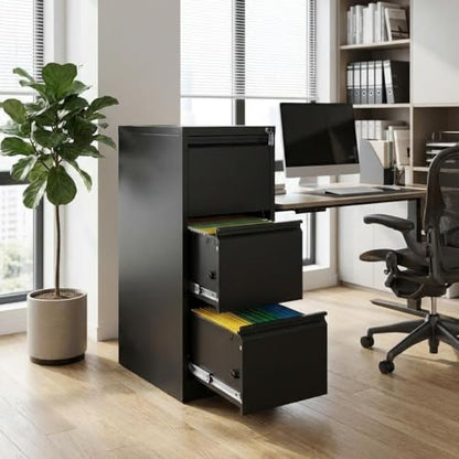 GarveeHome 3 Drawer Vertical File Cabinet with Lock, Black Metal Filing Cabinet with Drawers for Home Office, Lockable Storage Cabinet Hanging Letter Size/Legal Files