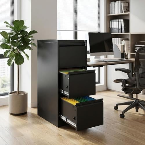 GarveeHome 3 Drawer Vertical File Cabinet with Lock, Black Metal Filing Cabinet with Drawers for Home Office, Lockable Storage Cabinet Hanging Letter Size/Legal Files