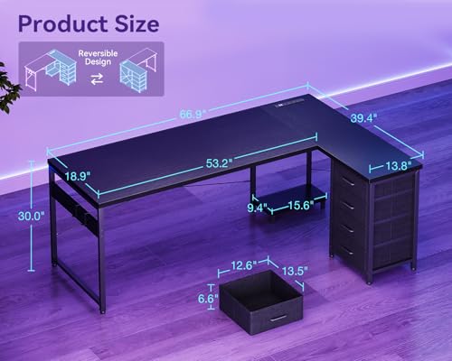 AODK 67" L Shaped Gaming Desk with 4 Drawers and Power Outlets, Black - color: Black, size: 67 Inch