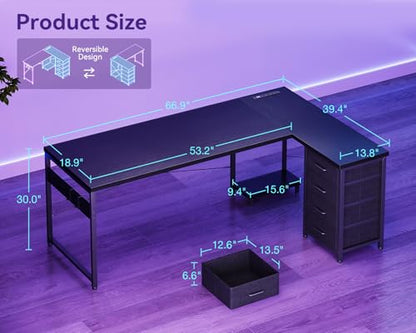 AODK 67" L Shaped Gaming Desk with 4 Drawers and Power Outlets, Black - color: Black, size: 67 Inch