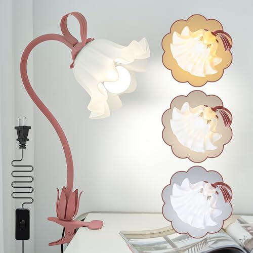 Desk Lamp Flower Clip on Light,3 Color Modes Book Light Flexible Gooseneck LED Reading Light with Clamp Eye-Care Clip on Lamp for Bed Headboard Study Office Dorm (Pink Lamp) - color: Pink Lamp
