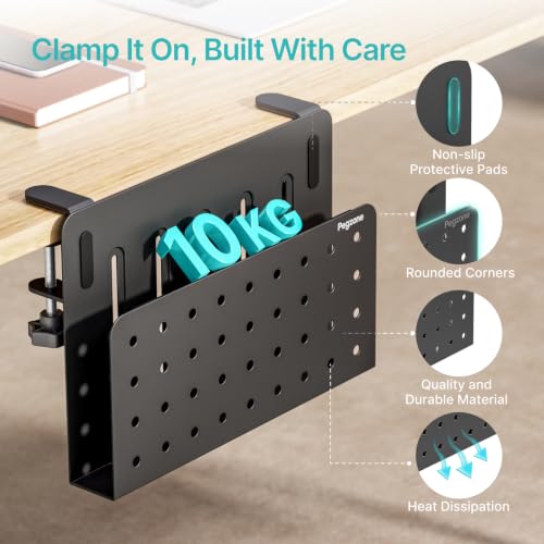 PEGZONE Desk Side Storage Organizer, Fits Flat Edge 0.4" to 2.2", Black | No Drill Under Desk Laptop Holder, Clamp on Desks Shelf with Pegboard Accessories, Hanging Laptop Mount - color: Black