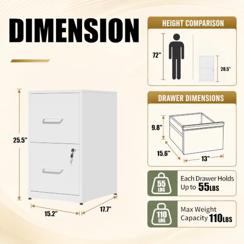 2 Drawer File Cabinet with Lock, 25.6" H Small File Cabinet - color: White, size: 25.6"H - 2 Drawer
