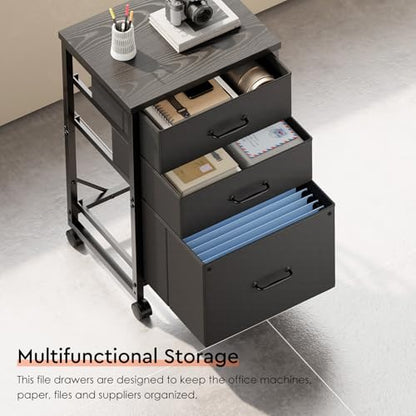 Maihail 3 Drawer File Cabinet with Wheels with Open Storage Shelf, Black | Rolling Printer Stand Fabric Lateral Filing Cabinet for Home Office - color: Black