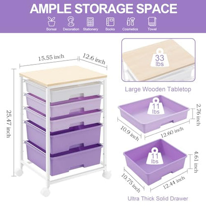 SYKIARIOL Utility Cart with 5 Drawers with Wooden Top,Purple - color: Purple