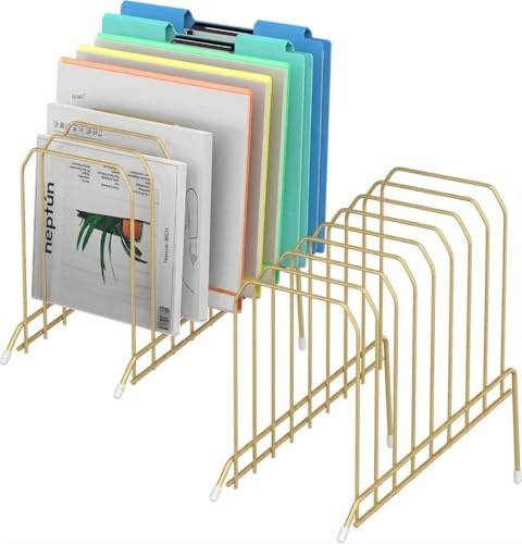 Incline Sorter Desk File Organizer, Metal Desk Magazine Folder Holder with 8-Section Vertical Compartments Rack File Organizer for Office, Home, School - color: Gold
