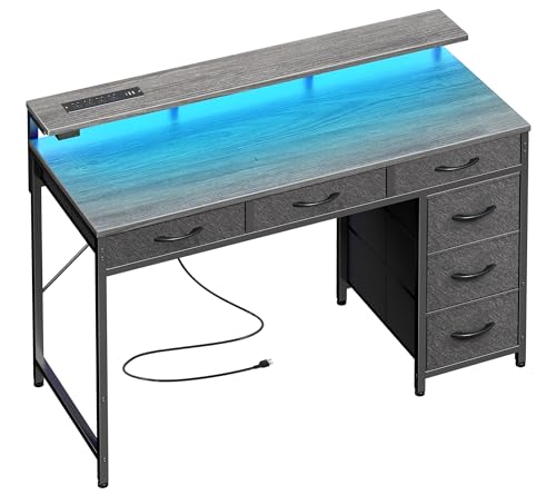 Huuger Gaming Desk with 6 Drawers, Computer Desk with LED Lights Power Outlets and Type-C, 39 Inch Office Desk with Storage, Monitor Stand, Writing & Work Desk for Home Office, Bedroom, Grey - color: Grey, size: 39 inch