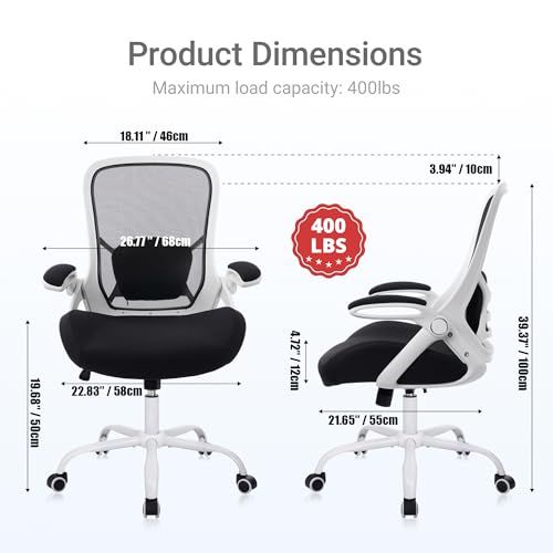 HYLONE 400lbs Heavy Duty Office Chair, Computer Desk Chair(White&Black) | Office and Home, 5" Thickened Seat, Ergonomic with Adjustable Armrests, Mesh Executive Chair - color: White Frame & Black