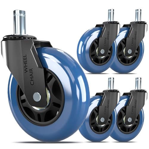 Office Chair Wheels Replacement,3" Rubber Casters 7/16" Stem,Universal fit for Most Rolling/Gaming Chairs,Floor Protection for Carpet/Hardwood/Tile,Smooth&Quiet Rolling,Set of 5 (Blue) - color: Blue, size: 11mm-Fit Most