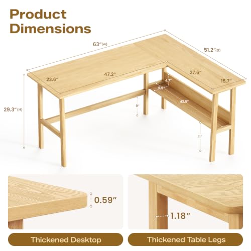 NELYE 63" Reversible L Shaped Desk with Shelf for Home Office, Oak | Fits Corner Spaces, Trapezoid Oak Legs & Reinforced Corners Reduce Wobble, Holds 330 Lbs, Suitable for Working and Studying - color: Oak, size: 63 inches