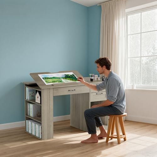 Drafting Table with Storage Cabinet & Drawers, Adjustable Drawing Desk with Open Shelves, Craft Table Painting Desk for Artists, Painters, Drawing, Crafting, Reading, Writing, Working (Grey) - color: Grey