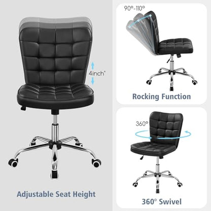 Yaheetech Black Tufted Armless Office Desk Chair with Wheels, Faux Leather - color: Black