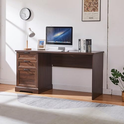 60" Farmhouse Executive Desk with Charging Station,Home Office Desk with 2 Drawers &1 File Cabinet,Wood Work Desk for Office and Home (Brown) - color: Brown