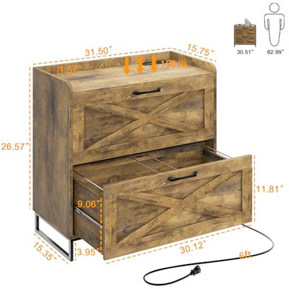 Halitaa File Cabinet 2 Drawers Lateral File Cabinet with Charging Station for Letter/Legal/A4 Size Hanging Files, Large Wood File Storage Cabinets Printer Stand for Home Office, Brown | Filing Cabinet for Letter/Legal/A4 Size Hanging Files, Large Wood Fil