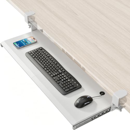 Keyboard Tray Under Desk Pull Out with Extra Sturdy C Clamp Mount System - color: White, size: 38"x 12”Keyboard Tray