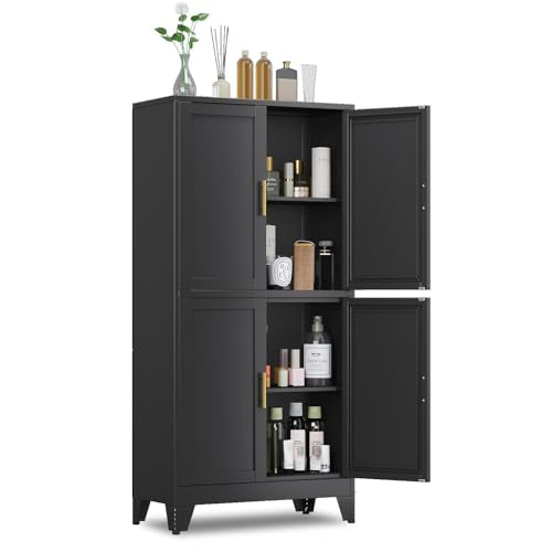 GAIOUS 47.25" Metal Storage Cabinet, Black Kitchen Food Storage with 4 Door and 2 Adjustable Shelves, Freestanding Bathroom Cabinet, Pantry for Kitchen Dinning Room, Cupboard - color: Black-4d, size: 11.81"D x 23.62"W x 47.25"H