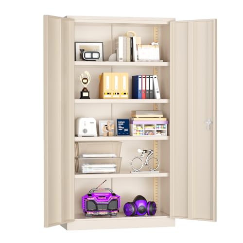 Superday Metal Storage Cabinets, 72" Storage Cabinet with Locking Door, Tall Garage Cabinet with 2 Doors and 4 Adjustable Shelves for Home Office, Classroom, Easy Assemble(Putty) - color: Putty, size: 72" Storage Cabinet