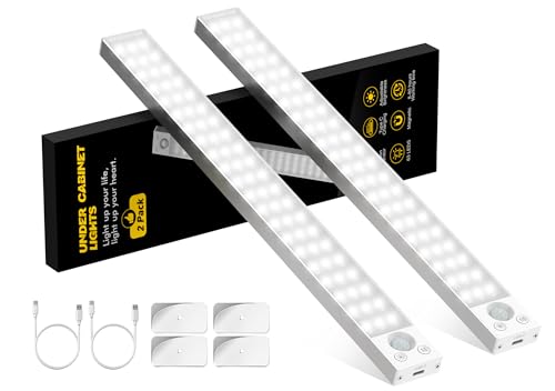 Under Cabinet Lights 14.5 Inch,Under Cabinet Lighting 63LEDS 2500mAh,Motion Sensor Light Indoor Rechargeable Battery Operated,Dimmable Under Counter Lights for Kitchen,Drawers,Wardrobe,Stair Bedroom - color: White, size: 14.5Inches 1pack