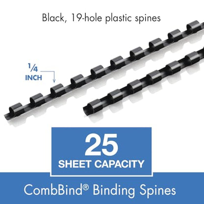 Mead CombBind Binding Spines/Spirals/Coils/Combs, 1/4", 25 Sheet Capacity, Black, 125 Pack (4000130) - size: 1/4"
