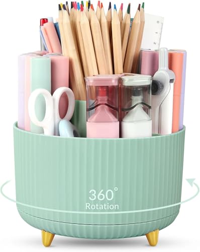 SKYDUE 360 Degree Rotating Desk Organizer, Dual-Purpose Pencil Pen Holder for Desktop, Rotating Desk Pen Organizer with 5 Slots, Pencil Cup for School, Home, Office Supplies (Bean Green) - color: Bean Green_1Pack