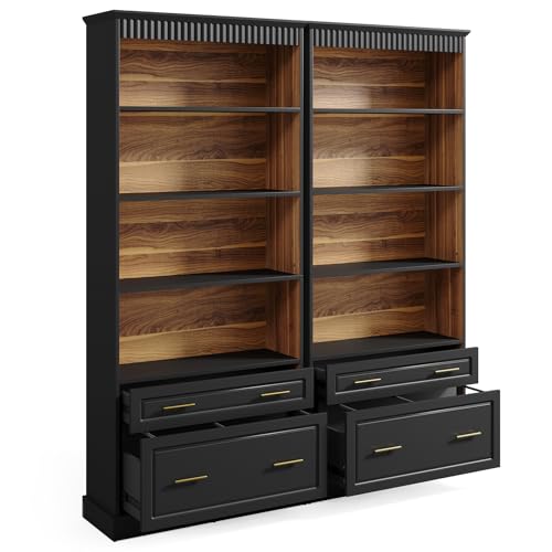 LITTLE TREE 72" Tall Black Bookcase, 5-Tier Office Bookself with File Cabinet Drawers,Modern Floor Standing Storage Filing Cabinet Book Shelf for Living Room,Bedroom(2 Piece,Black) - color: Black