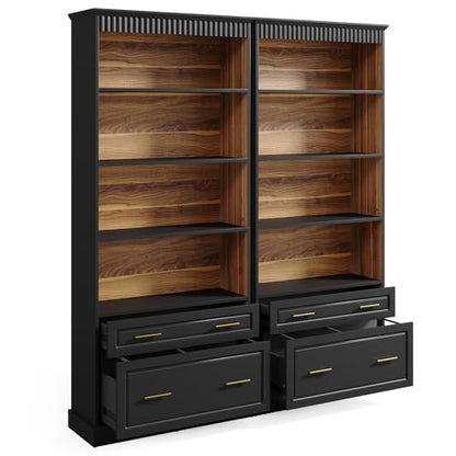 LITTLE TREE 72" Tall Black Bookcase, 5-Tier Office Bookself with File Cabinet Drawers,Modern Floor Standing Storage Filing Cabinet Book Shelf for Living Room,Bedroom(2 Piece,Black) - color: Black
