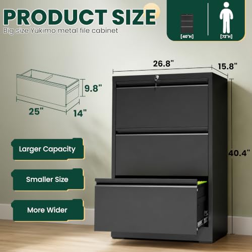 3 Drawer Lateral File Cabinet with Lock, File Cabinet for Home Office,Black | Heavy-Duty Steel Locking File Cabinet, Hanging Letter/Legal/A4 Size, Full-Extension Silent Drawer, Un-Assembly - color: Black, size: 3 Drawers