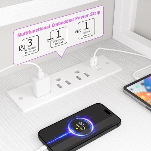 EnHomee 56" L Shaped Desk with Power Outlets & LED Lights for Bedroom,White - color: White, size: 56"W