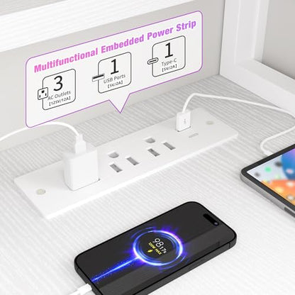 EnHomee 56" L Shaped Desk with Power Outlets & LED Lights for Bedroom,White - color: White, size: 56"W