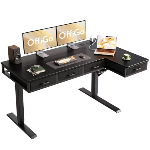 55 Inch L Shaped Electric Standing Desk with 4 Drawers, Black | Reversible Corner Table, Office Desk With 4 Drawers and Outlets For Home Office, Computer Workstation And Sit Stand Use - color: Black, size: 55 Inch