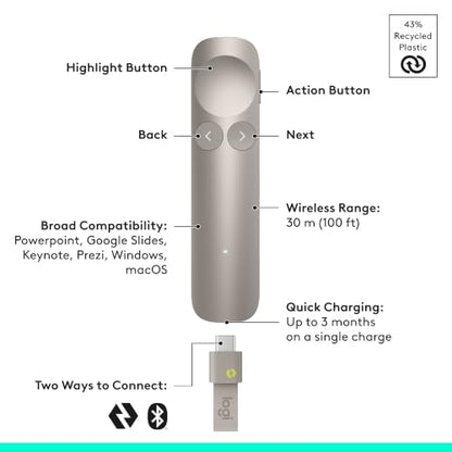 Logitech Spotlight 2 Presentation Remote Wireless Clicker Haptics - Sand | Haptics, digital highlighting, customizable actions, laser pointer, quick charge, Bluetooth, USB-C - color: Sand