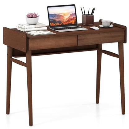 Tangkula Bamboo Mid Century Desk with 2 Storage Drawers, Home Office Study Writing Desk with Shelf & Cable Management Groove, Home Office Desk for Working & Learning (Brown) - color: Brown