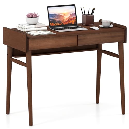 Tangkula Bamboo Mid Century Desk with 2 Storage Drawers, Home Office Study Writing Desk with Shelf & Cable Management Groove, Home Office Desk for Working & Learning (Brown) - color: Brown