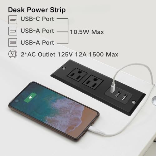 Recessed Power Strip, Flush Mount Power Adapter Charging Station with USB C Plug Multiple Surge Protector Hidden Outlet Extender with Extension Cord for Desk Furniture Table Nightstand Bed (Black)