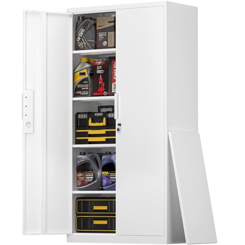 Metal Garage Storage Cabinets with Lock, 72" H White Storage Cabinet with Doors and Adjustable Shelves, Lockable File Cabinet, Steel Tool Cabinets for Home, Office, Garage, Shop, School - color: White, size: 72'' H '' * 34'' W * 17.7'' D