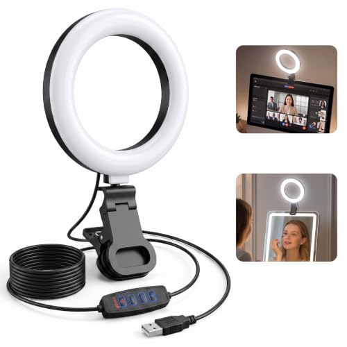Ring Light for Computer Video Conference - Webcam Light for Monitor Clip On Remote Working Distance Learning Zoom Call Self Broadcasting and Live Streaming Influencer Light Laptop Video Conferencing - color: Black-White