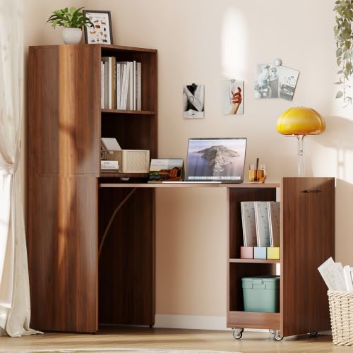 Zevemomo Folding Desk, Convertible Table with Shelves & Wheels - Walnut | Folding Desk with Storage, Craft Cabinet with Fold Out Table, Compact Computer Desk for Small Space, Reversible L Shaped Desk - color: Walnut