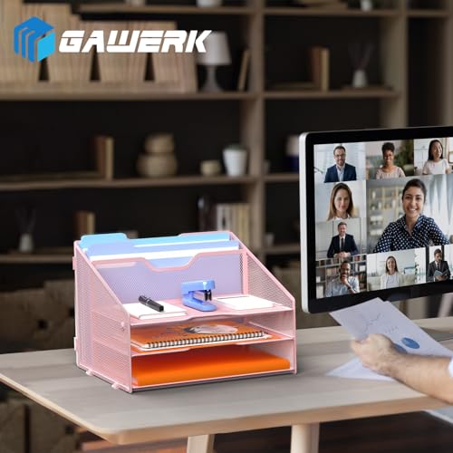 GAWERK Letter Tray Organizer, Mesh Desk File Organizer with 3 Paper Trays and 2 Vertical Upright Section (Pink) - color: Pink