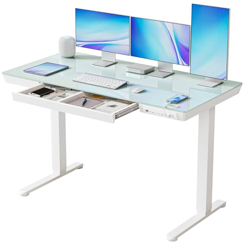 BANTI Electric Standing Desk with Drawers, 55 inch Whole-Piece Glass Desktop, Height Adjustable Stand up Sit Stand Home Office Ergonomic Workstation, White Tabletop - color: White, size: 55 Inch