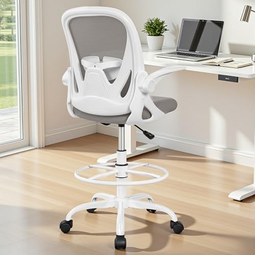 Ergonomic Drafting Chair with Flip-Up Armrests & Adjustable Footrest – Tall Office Chair for Standing Desks, Lumbar Support, Gray – Home & Office Comfort - color: Grey, size: 934-Z