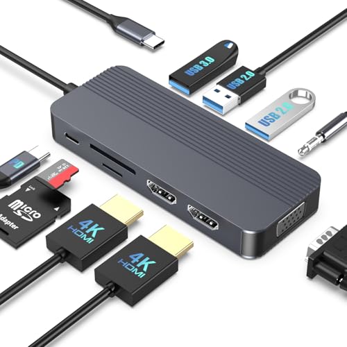 Docking Station Dual Monitor, 10-in-1 USB C Hub with Dual 4K HDMI, VGA, 100W PD, 1 x USB 3.0, 2 x USB 2.0, SD/TF Card Reader, 3.5mm Audio, Ideal for HP/Dell/Lenovo/Mac Laptops - style: 10 in 1 4K@30Hz