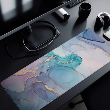Teal Marble Mouse Pad Abstract Marble Mouse Pad 31.5x11.8 Inch Texture Non-Slip Rubber Base Large Mousepad Stitched Edges Keyboard Mouse Mat Desk Pad for Office and Home - color: Teal Marble