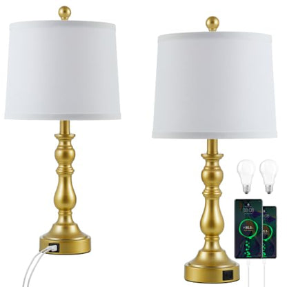 Gold Table Lamps Set of 2, Gold Lamps for Bedroom, USB C+A Ports - color: F. White Shade & Gold Base