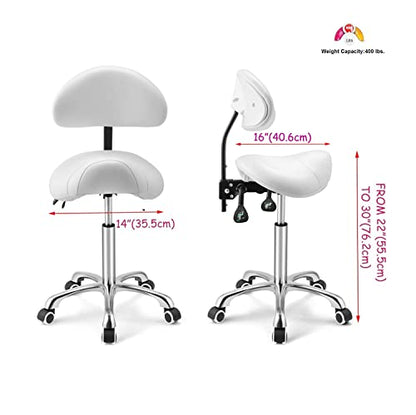 Kaleurrier Saddle Stool with Back Rest,Rolling Saddle Chair for Salon - color: White, style: With Back